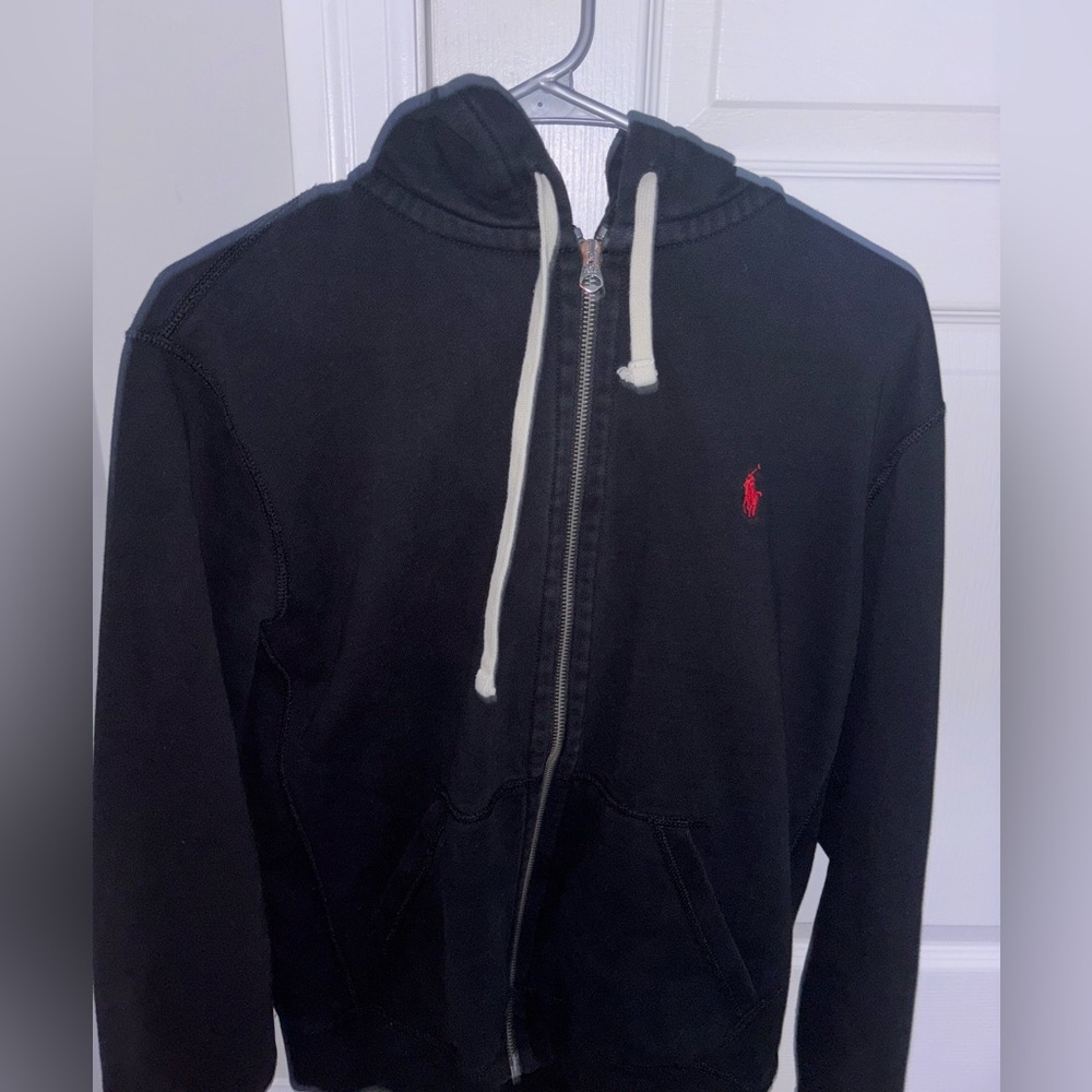 Ralph Lauren Black Zip-Up Hoodie with Red Emblem